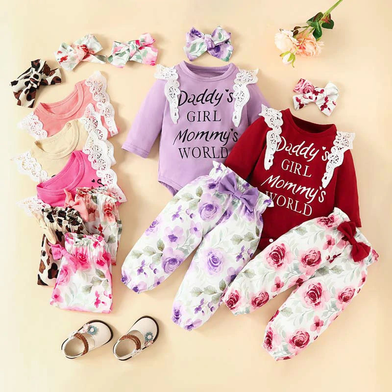 Set of 3 Lace Long Sleeve Lettered Baby Girl Clothes