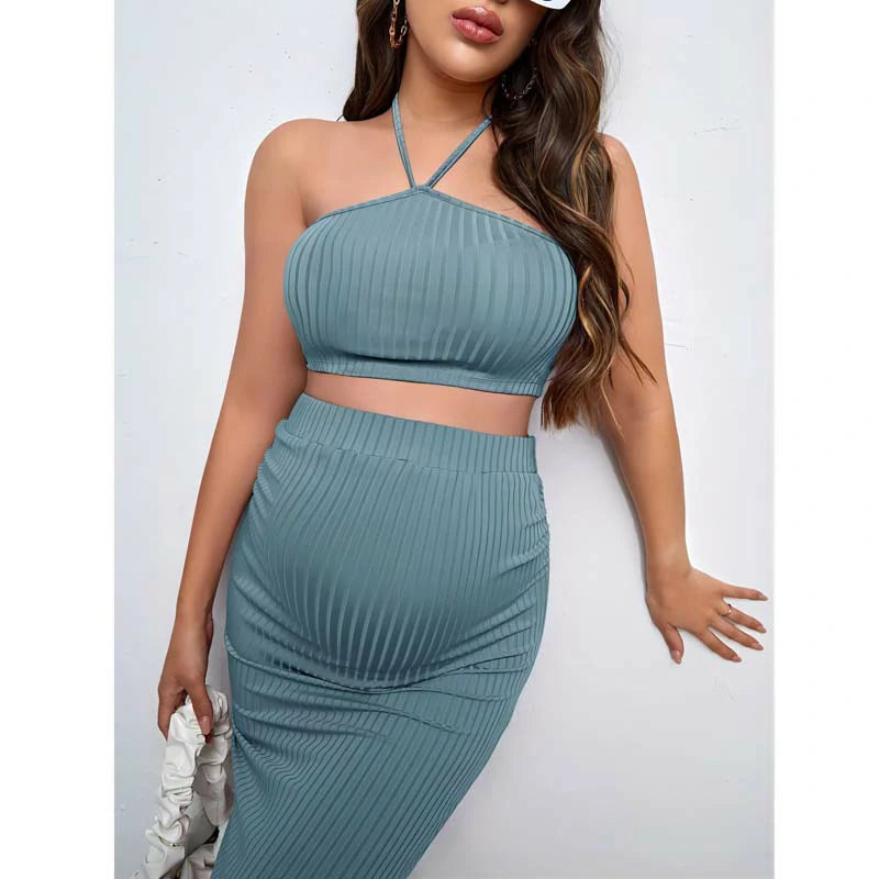 MATERNITY RIB KNIT HALTER TOP & PENCIL SKIRT SET