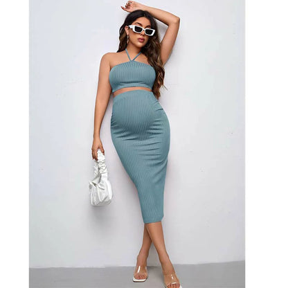 MATERNITY RIB KNIT HALTER TOP & PENCIL SKIRT SET