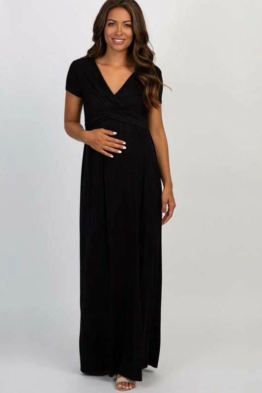 BEIGE DRAPED MATERNITY/NURSING MAXI DRESS