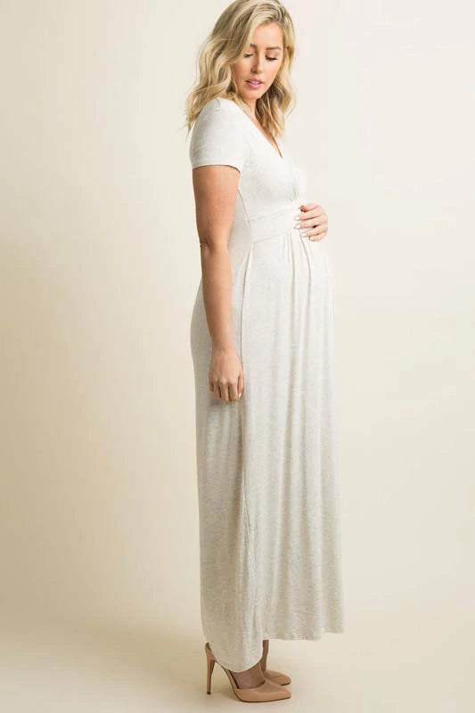 BEIGE DRAPED MATERNITY/NURSING MAXI DRESS