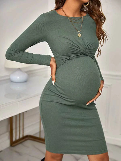 RIBBED FRONT PLEATED MATERNITY BODYCON DRESS