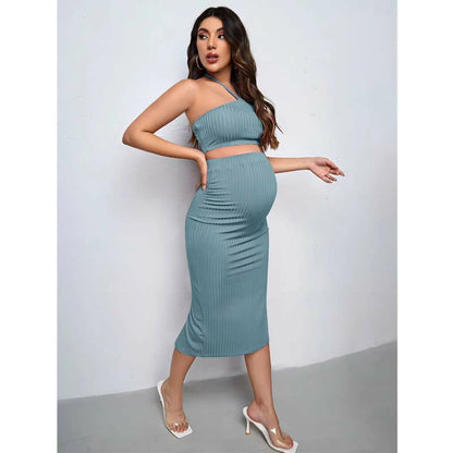 MATERNITY RIB KNIT HALTER TOP & PENCIL SKIRT SET