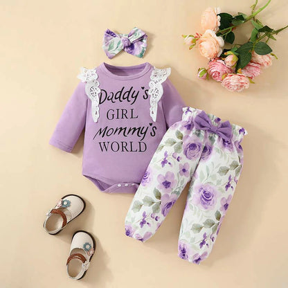 Set of 3 Lace Long Sleeve Lettered Baby Girl Clothes