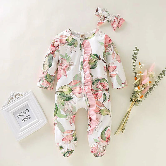 Baby One-piece Pajamas Headband Outfits Set