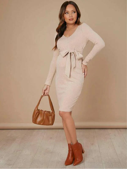 MATERNITY V-NECK BELTED BODYCON DRESS