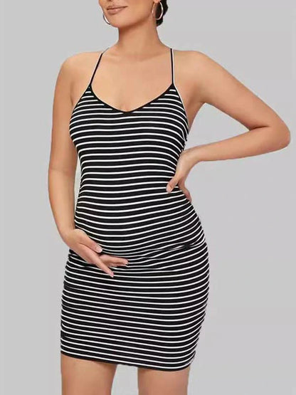 MATERNITY STRIPED CRISSCROSS BACK DRESS