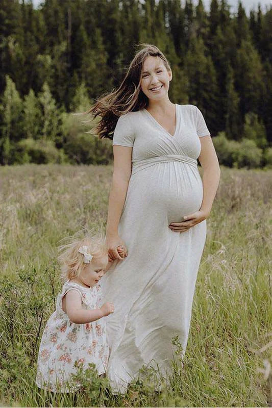 BEIGE DRAPED MATERNITY/NURSING MAXI DRESS