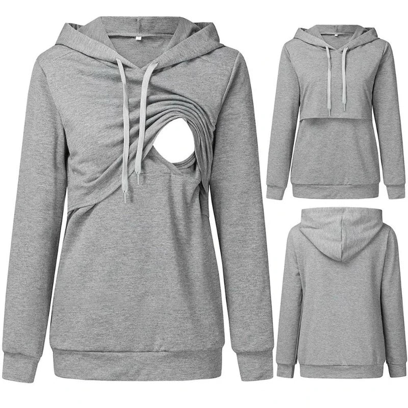 Solid Color Nursing Hooded Sweater