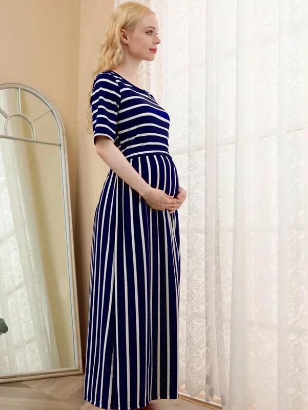 STRIPED PRINT MATERNITY NURSING DRESS