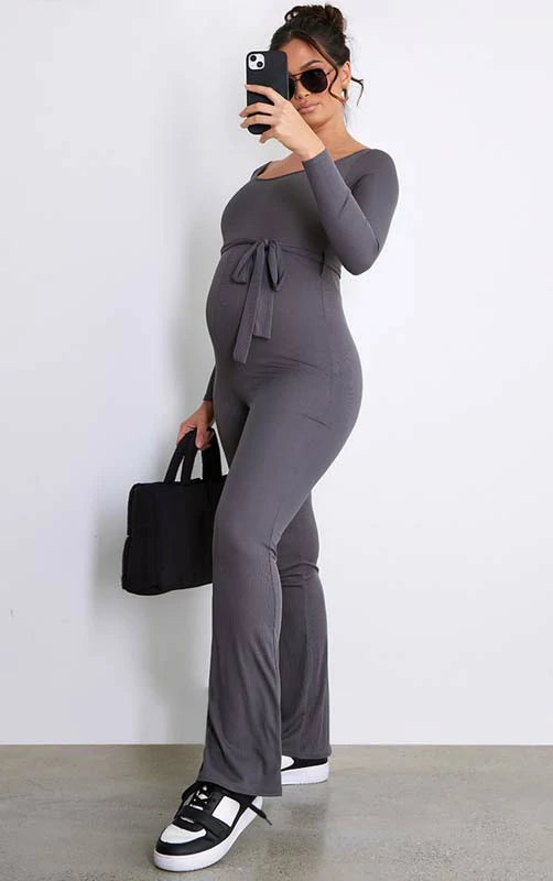 MATERNITY RIB TIE WAIST JUMPSUIT