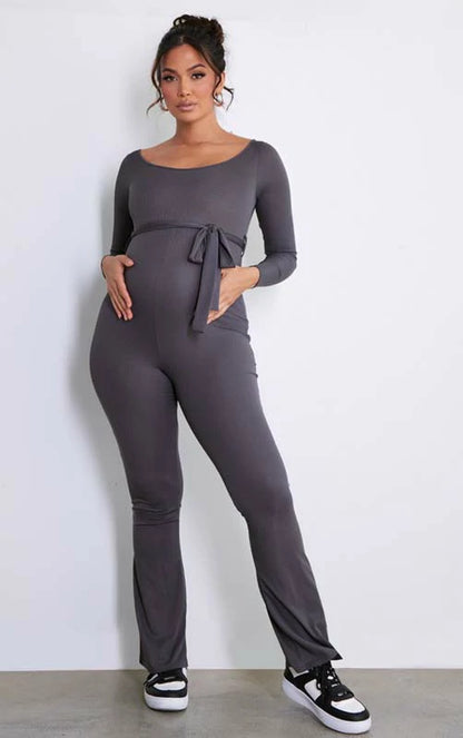 MATERNITY RIB TIE WAIST JUMPSUIT