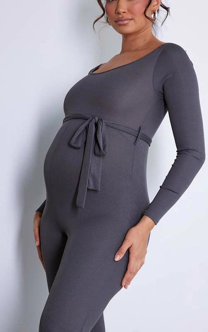 MATERNITY RIB TIE WAIST JUMPSUIT