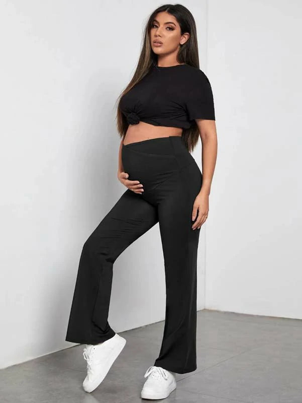 MATERNITY SOLID COLOR HIGH WAIST WIDE LEG PANTS