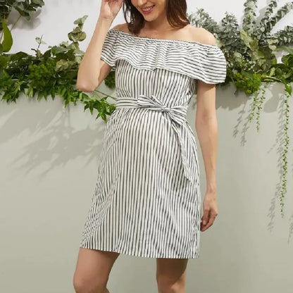 OFF SHOULDER STRIPED MATERNITY DRESS