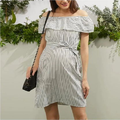 OFF SHOULDER STRIPED MATERNITY DRESS