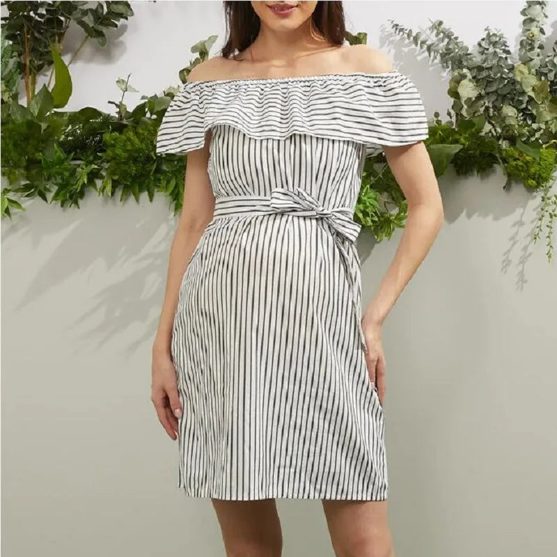 OFF SHOULDER STRIPED MATERNITY DRESS