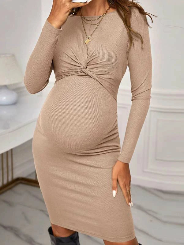 RIBBED FRONT PLEATED MATERNITY BODYCON DRESS